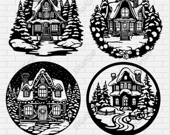 Christmas house decor SVG, Christmas village svg, Christmas for Cricut, winter svg cut files, Christmas decorated houses, Dxf for cnc laser