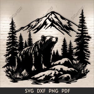 Scena di orso Dxf per taglio laser CNC, catena montuosa Svg, file di taglio per Cricut, design a sublimazione, decorazione murale fai da te, download digitale