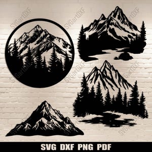 Op de afbeelding: Vier zwart-witte silhouetontwerpen van bergen en bomen. De ontwerpen zijn perfect voor knutselprojecten, zoals snijden, etsen of graveren.