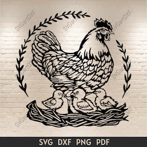 Poule avec des poussins Svg, fichiers de coupe pour Cricut, fichiers Dxf pour découpe laser, fichiers de découpe Silhouette, téléchargement immédiat, sublimation, svg poulet
