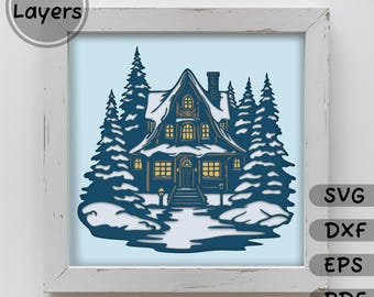 Christmas House Layered SVG for Cricut, Silhouette, 3D Shadow Box Template, DXF for Laser Cut, Multilayer Papercraft SVG, Light Box Design