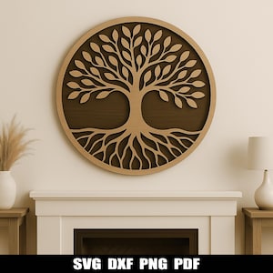 Tree of Life Wall Art SVG DXF | Layered Wood Cut File for CNC | Laser Cut Family Tree Decor | Round Plywood Wall Hanging | Digital Download