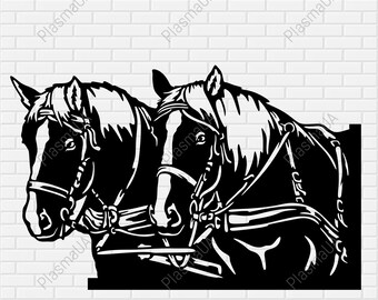 May include: Black and white silhouette of two horses pulling a carriage. The horses are facing forward and have bridles on. The image is a digital cut file.