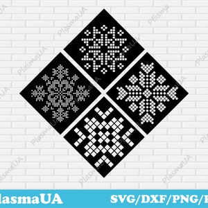 May include: Four black and white geometric snowflake designs in a diamond shape. The designs are made up of small squares.