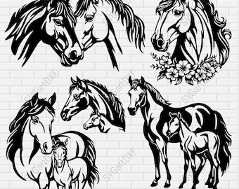May include: A set of five black and white silhouette images of horses. The images include a pair of horses with their heads touching, a single horse with flowers around its neck, and two pairs of horses with a foal.