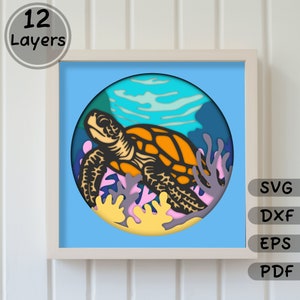 3D Sea Turtle Layered SVG, Papercut Shadow Box Template, Cricut & Silhouette Cut Files, Ocean Lover Gift, DXF for Laser, Digital Download
