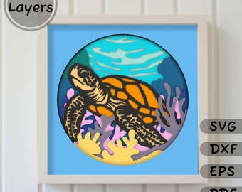 3D Sea Turtle Layered SVG, Papercut Shadow Box Template, Cricut & Silhouette Cut Files, Ocean Lover Gift, DXF for Laser, Digital Download