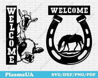 May include: Black metal welcome signs featuring farm animals and a horseshoe with a horse silhouette. One sign has a goat and cow, the other has a horse inside a horseshoe. The word "WELCOME" is displayed on both signs.