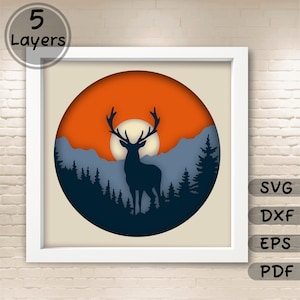 Deer 3D Shadow Box Template, Deer Layered Svg cut files for Cricut Silhouette, Multilayer for Laser Cut, Deer papercut, Layered Wood art