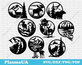 May include: Set of ten black and white SVG cut files featuring various woodland animals and nature scenes. The designs include a moose, bear, deer, mountain goat, wolf, and a variety of trees, mountains, and rivers.