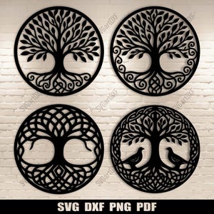 May include: Four black, circular wall art pieces featuring tree of life designs. Each piece is laser cut with intricate details, showcasing the tree's branches, roots, and surrounding patterns. The bottom piece on the right has two birds. The text "SVG DXF PNG PDF" is at the bottom.