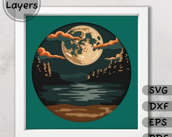 Night sky layered svg for Cricut, 3d Night Sky Shadow Box Template, Multi Layered Moon Svg, Night Sky dxf for CNC Laser, Silhouette