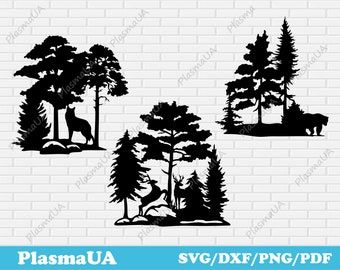 May include: Three black silhouette images of a forest with different animals. The first image shows a wolf standing in a forest. The second image shows a deer standing in a forest. The third image shows a bear standing in a forest.