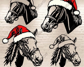 クリスマスの馬のSVG、サンタの帽子のSVGカットファイル（Cricut用）、馬のシルエット、クリスマスの動物のクリップアート、ホリデーシャツのSVG、デジタルダウンロード