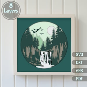 Modelos em camadas 3D SVG, caixa de sombra em cascata 3D, arte em papel 3D, natureza svg para Cricut, madeira compensada de camada 3D, dxf para corte a laser cnc