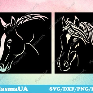 May include: Two black and white silhouette images of a horse's head. The horse's head is facing the right side of the image. The horse's mane is flowing in the wind. The images are on a black background.