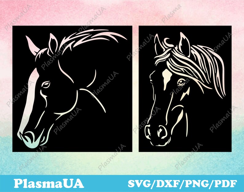 May include: Two black and white silhouette images of a horse's head. The horse's head is facing the right side of the image. The horse's mane is flowing in the wind. The images are on a black background.