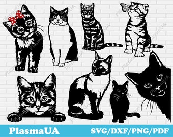 以下が含まれることがあります： 黒と白の猫のシルエットSVGファイル10個のデジタルダウンロード。猫は座っている、立っている、横になっているなど、さまざまなポーズをとっています。一部の猫は頭にリボンや蝶ネクタイをしています。