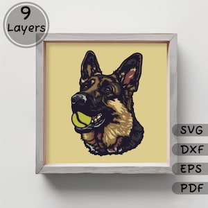 May include: A digital illustration of a German Shepherd dog with a yellow tennis ball in its mouth. The dog is looking to the left and has a happy expression. The background is a light yellow color.