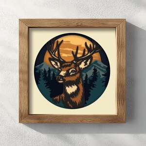 May include: A framed illustration of a deer with large antlers standing in front of a forest scene with a sunset in the background.