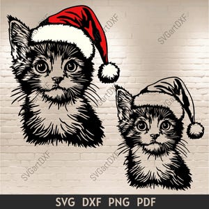 Weihnachtskatze SVG, Katze Weihnachtsmütze für Cricut, Sublimation Weihnachten, T-Shirt Design, Dxf für CNC Laserschnitt, Kätzchen Clipart Png