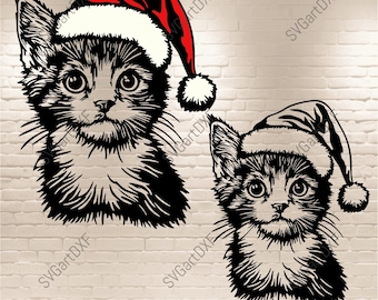 Christmas Cat SVG, Cat Santa Hat Svg for Cricut, Sublimation Christmas, T-shirt design, Dxf for CNC Laser cut, Kitten Clipart Png
