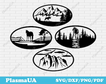 May include: Four black metal wall art pieces with nature scenes. Each is an oval shape with a mountain, horse, or wildlife silhouette. The bottom piece shows mountains, a bird, and a moon. The text "PlasmaUA" and "SVG/DXF/PNG/PDF" are at the bottom.