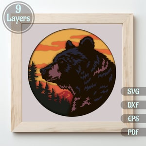 Bear 3D Shadow Box, modelos em camadas de corte de papel Svg, arquivos de corte para Cricut, Dxf multicamadas para silhueta, Dxf para corte a laser, arquivos Eps