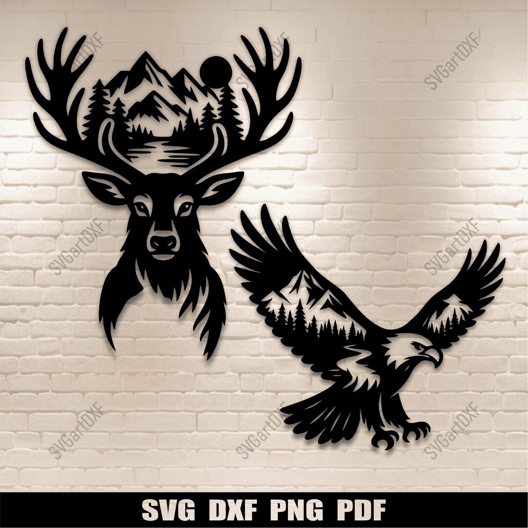 Eagle Deer Svg Dxf Cut Files – Wildlife Mountain Scene for CNC Laser ...