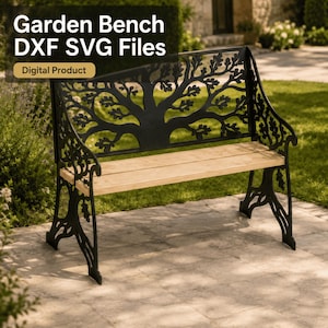 Puede incluir: Un banco de jardín con estructura de metal negro que presenta un diseño intrincado de árbol y hojas recortadas en el respaldo y los laterales, junto con un asiento de madera clara. La imagen incluye el texto Garden Bench DXF SVG Files Digital Product.