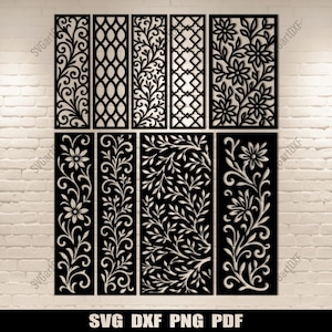 Könnte beinhalten: Eine Sammlung schwarzer Dekorplatten mit aufwendigen floralen und geometrischen Ausschnitten. Die Paneele weisen verschiedene Muster auf, darunter Blumen, Ranken und Gitter. Der Text "SVG DXF PNG PDF" befindet sich unten.