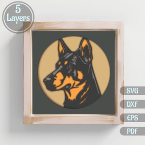 May include: A black and orange dog head silhouette in a circle, with a gray background. The image is a layered design for paper cutting.