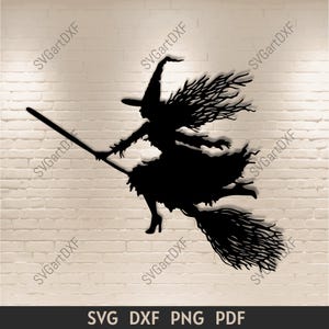 May include: Silhouette of a witch flying on a broomstick. The witch is wearing a pointed hat and has long flowing hair. The broomstick is made of twigs and has a long handle.