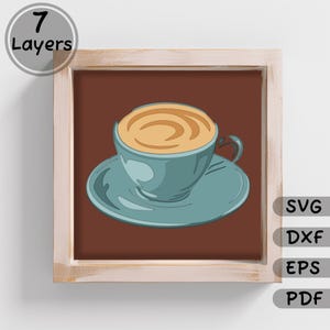Könnte beinhalten: Eine blaue und weiße Kaffeetasse vor braunem Hintergrund. Die Tasse ist mit Kaffee gefüllt und hat ein Wirbelmuster oben. Die Tasse steht auf einem Unterteller.