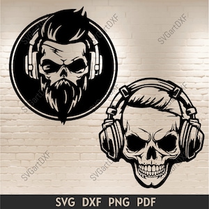 Schädel mit Kopfhörern SVG-Schnittdateien für Cricut, DJ-Schädel-Silhouette, Png für Sublimation, Dxf für Laserschneiden, Vinyl schneiden Cnc-Dateien