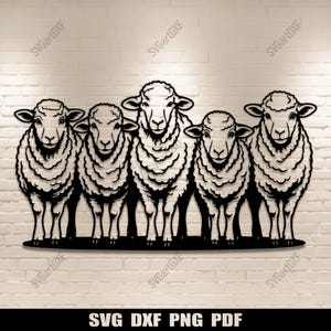 May include: A black metal wall decoration depicting five sheep in a row. Each sheep has detailed wool and facial features. The artwork is set against a white brick wall. The text "SVG DXF PNG PDF" is at the bottom of the image.