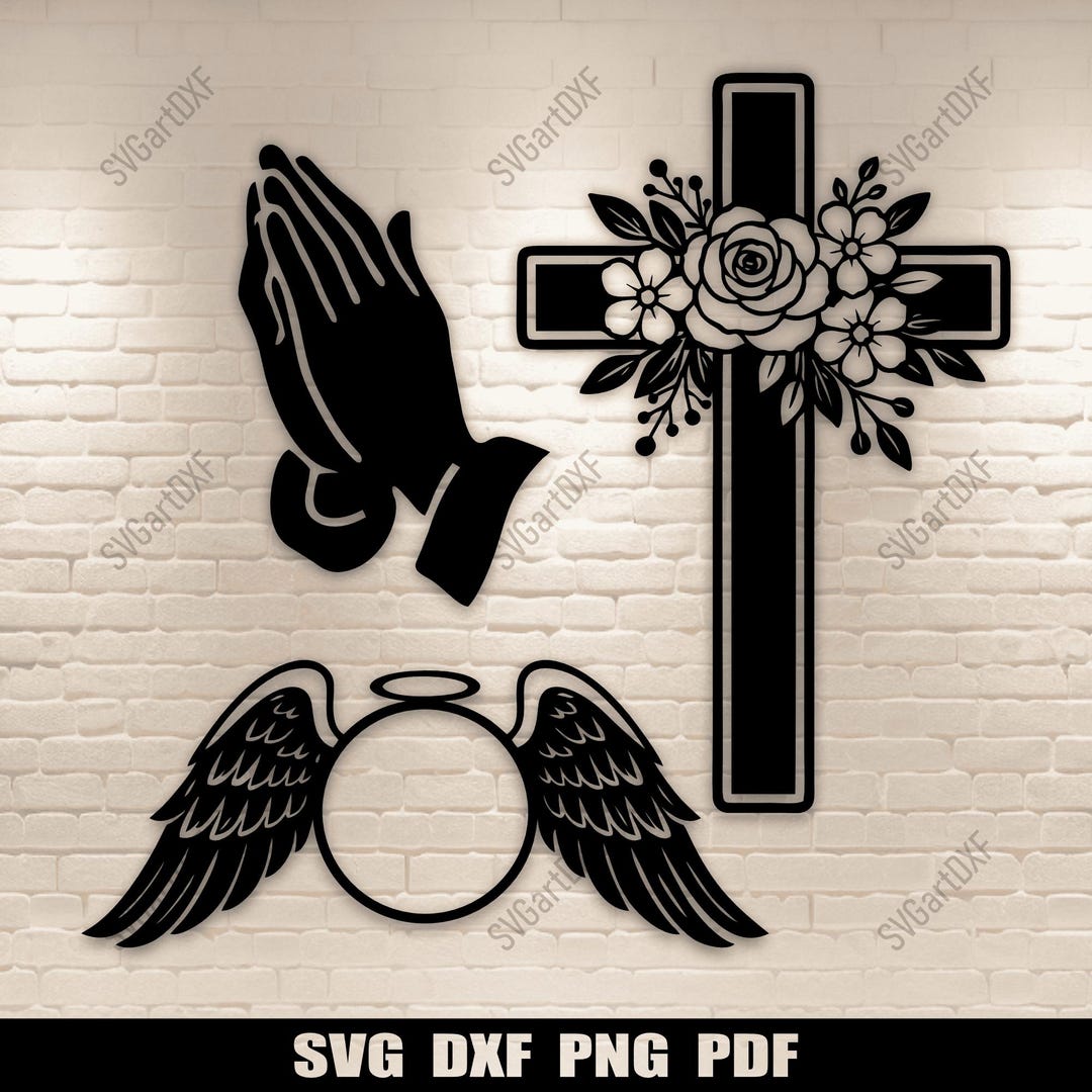 Pyaying Hand Cd R Dxf File Christian SVG DXF – Cross, Praying Hands & Angel Wings Cut Files for ...