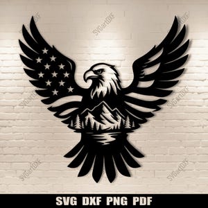 May include: Black metal eagle silhouette with outstretched wings, featuring the American flag design on one wing and a mountain and forest scene in the center. The text "SVG DXF PNG PDF" is at the bottom.