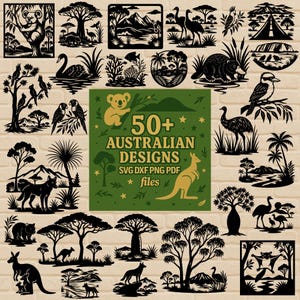 May include: A collection of over 50 Australian designs in SVG, DXF, PNG, and PDF formats. The black and white designs feature iconic Australian animals, landscapes, and flora, including a koala, kangaroo, and emu.