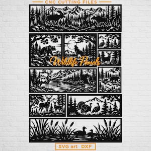 May include: A collection of black silhouette panels featuring wildlife scenes including moose, bears, wolves, deer, and turkeys in forest and mountain landscapes. The text CNC CUTTING FILES and SVG art DXF is visible on the orange banners.