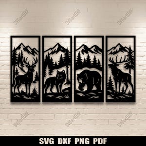 Op de afbeelding: Vier zwarte metalen wandpanelen met afbeeldingen van dieren in het wild. Elk paneel toont een ander dier: een hert, een wolf, een beer en nog een hert, tegen een achtergrond van bergen en bomen. De tekst "SVG DXF PNG PDF" staat onderaan.