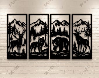 Op de afbeelding: Vier zwarte metalen wandpanelen met afbeeldingen van dieren in het wild. Elk paneel toont een ander dier: een hert, een wolf, een beer en nog een hert, tegen een achtergrond van bergen en bomen. De tekst "SVG DXF PNG PDF" staat onderaan.