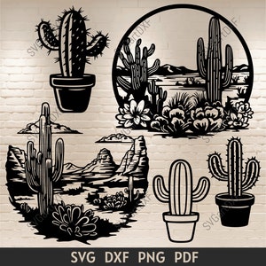 Archivos SVG de cactus, archivos cortados de cactus para Cricut, Escena del desierto Svg, Escena de cactus Svg, Planta Svg, Cactus dxf para corte láser, flores svg
