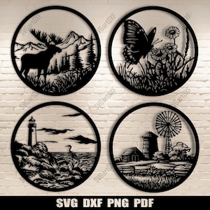 Décors décoratifs circulaires Dxf pour CNC, Svg de scène de moulin à vent pour Cricut, Dxf de phare pour laser, Svg d'orignal, sublimation de papillon