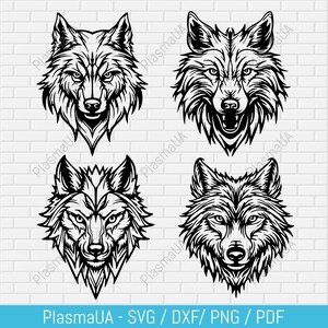 Puede incluir: Cuatro diseños de cabezas de lobo en blanco y negro con detalles de pelaje y rasgos faciales. Las imágenes están sobre un fondo de pared de ladrillos blancos. El texto "PlasmaUA - SVG / DXF / PNG / PDF" está en la parte inferior.