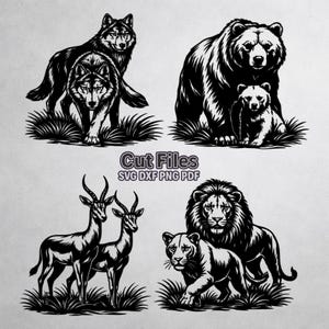 Könnte beinhalten: Schwarz-weiße Schnittmuster-Designs mit einem Wolfspaar, einem Bären mit einem Jungtier, zwei Gazellen und einem Löwen mit einer Löwin. Der Text "Cut Files" ist enthalten, zusammen mit Dateityp-Abkürzungen.