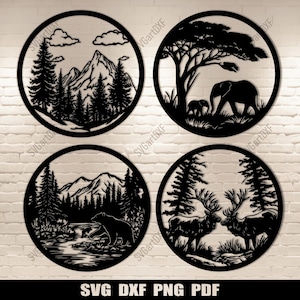 May include: Four black circular wall art pieces. Each depicts a nature scene: mountains and trees, elephants under a tree, a bear by a river, and two deer. The text "SVG DXF PNG PDF" is at the bottom.
