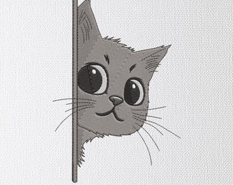 Diseño de bordado de gato asomado, lindo gato Jef Hus Dst Pes Exp Pec archivos para máquina de bordar, descarga instantánea