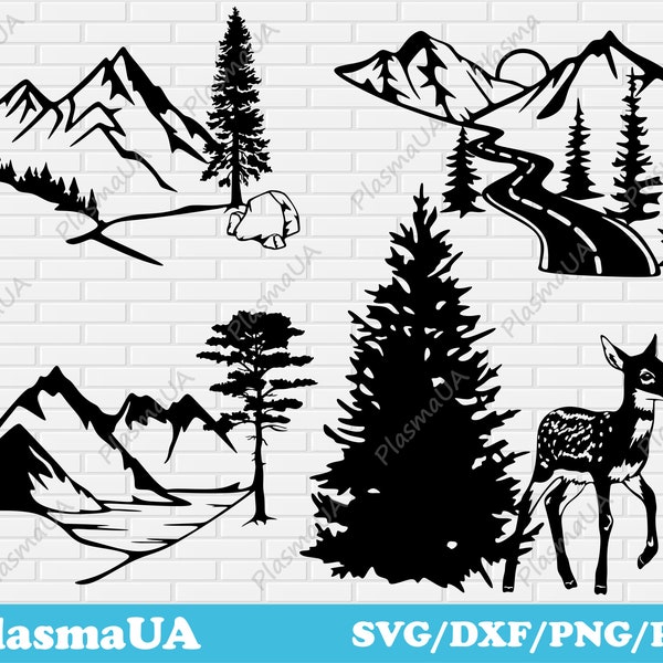 Montagnes clip art, Nature svg, home wall art décor, wall art, fichiers dxf, motif dxf, découpe laser dxf, fichier de découpe pour laser, pochoir mural