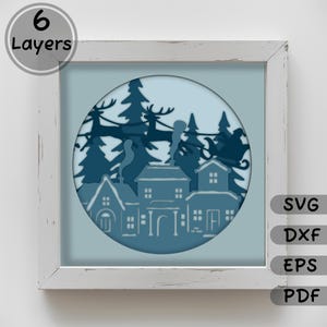 Flying Santa Claus 3D Layered SVG, Christmas Shadow Box Template, Multilayer Light Box Svg for Cricut & Silhouette, DIY Papercraft Decor